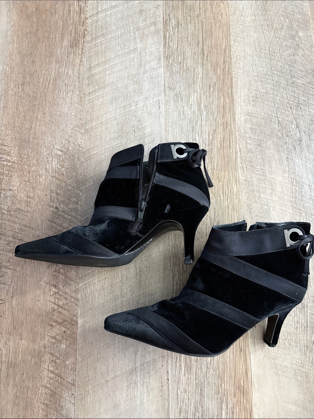 Salvatore Ferragamo Black Pointed-Toe Ankle Booties with Ribbon Trim